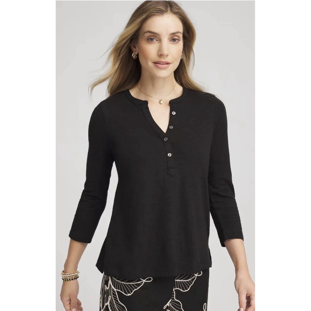 Chico's Women's Size 1 Black Henley Top 3/4 Sleeve Button Front Classic New